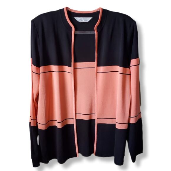 Misook Coral Black Colorblock Cardigan Jacket Sweater L Modern Classic Career - Picture 1 of 9